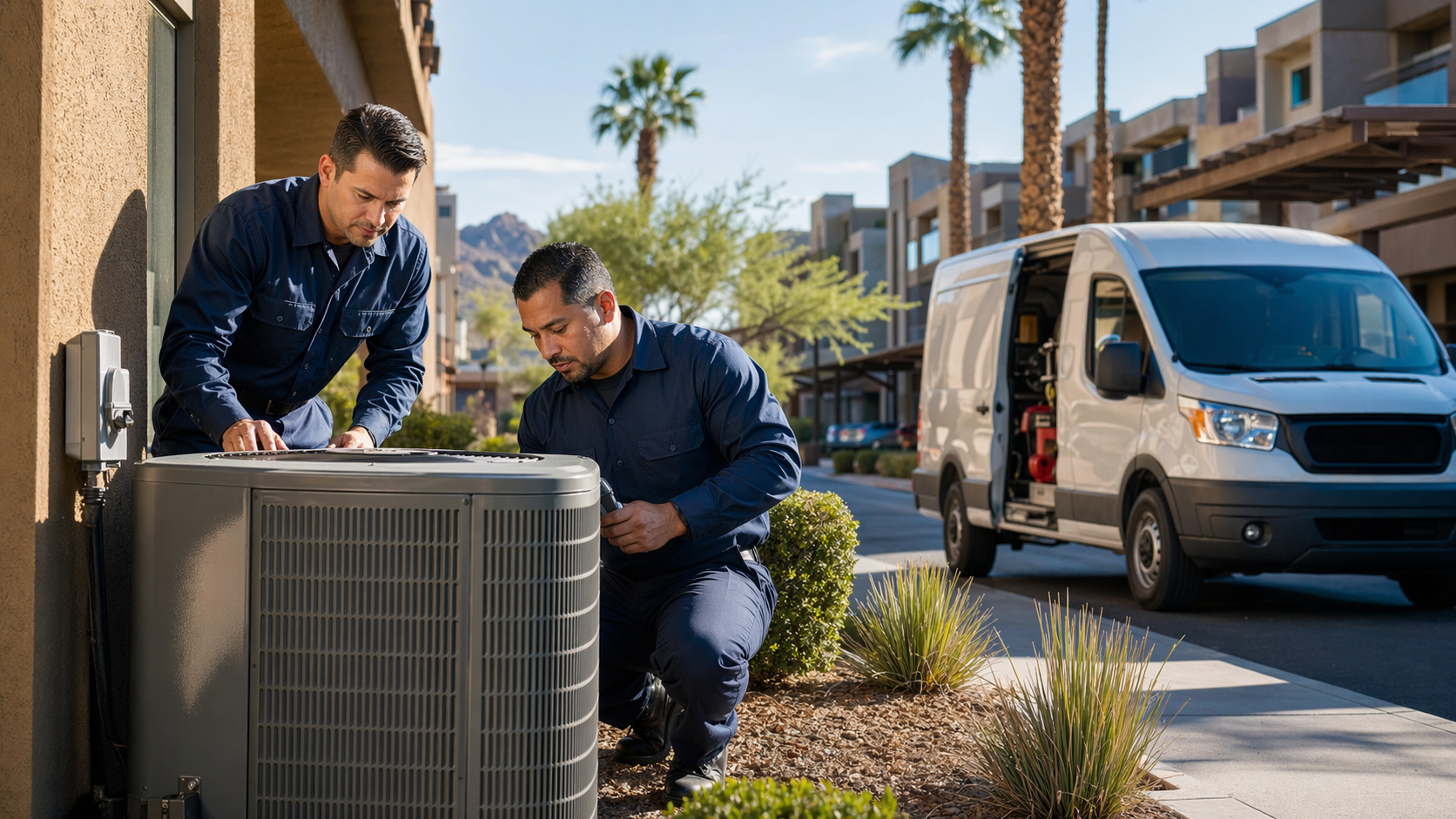 Professional HVAC technicians inspecting an apartment air conditioning unit in Phoenix